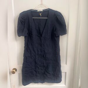 There Was One Dress Navy Linen Puffy Sleeve Button Down Dress Size M $258